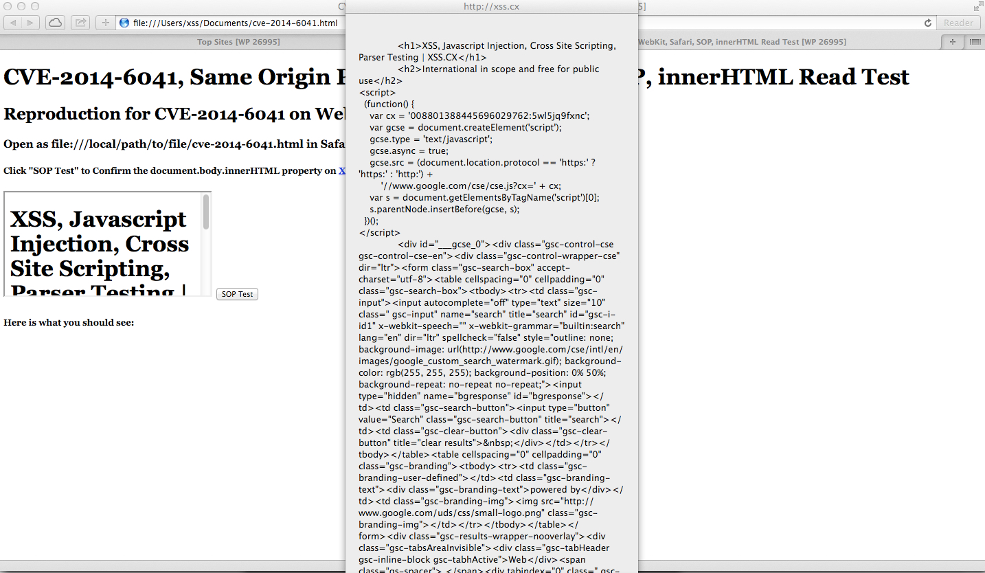 CVE-2014-6041, Same Origin Policy, SOP, WebKit, Safari 7, SOP, innerHTML Read Test, xss.cx